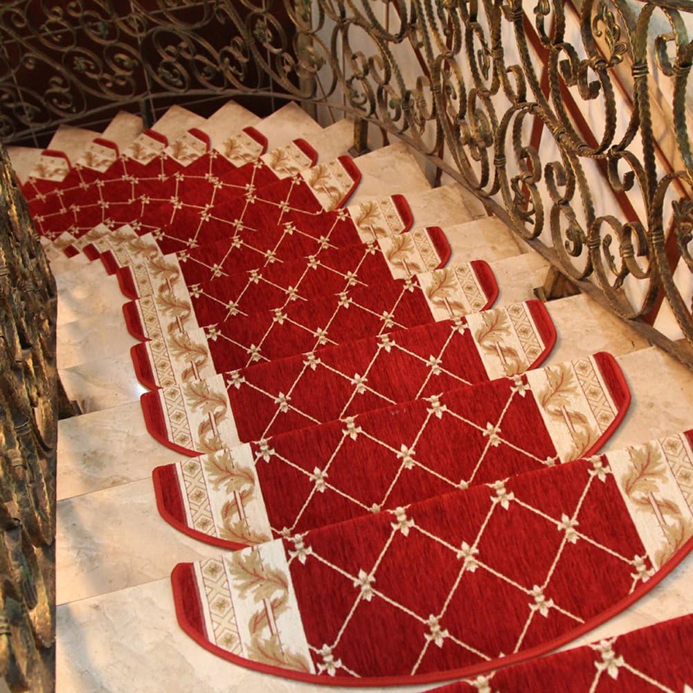 High-Grade Acrylic Sector Grid Bullnose Carpet Stair treads Stair mats Free Tape Stair Rugs Stair treads Non-Slip Stair Carpets Decorative Staircase Rug(Set of 15) 9"W x 31"L Red (C)