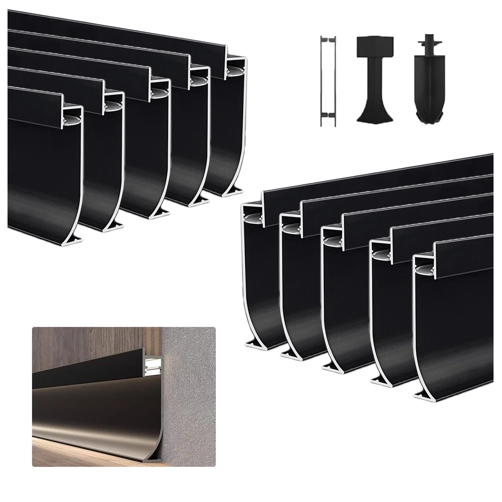 Aluminiowa listwa przypodłogowa LED, 99,8 cm / 1 m, listwa oświetleniowa, aluminiowy profil kanałowy, wys. 65 mm, osłona listwy przypodłogowej do kuchni, salonu, dekoracja domu (10, czarna)