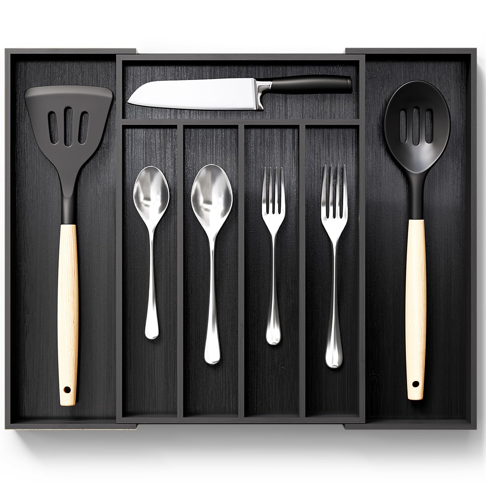 AUJEN Bamboo Silverware Organizer - Expandable Drawer Organizer, Adjustable Utensil Organizer, Kitchen Cutlery Drawer Organizer, Kitchen Organizers and Storage Holder for Flatware, 5-7 Slots, Black