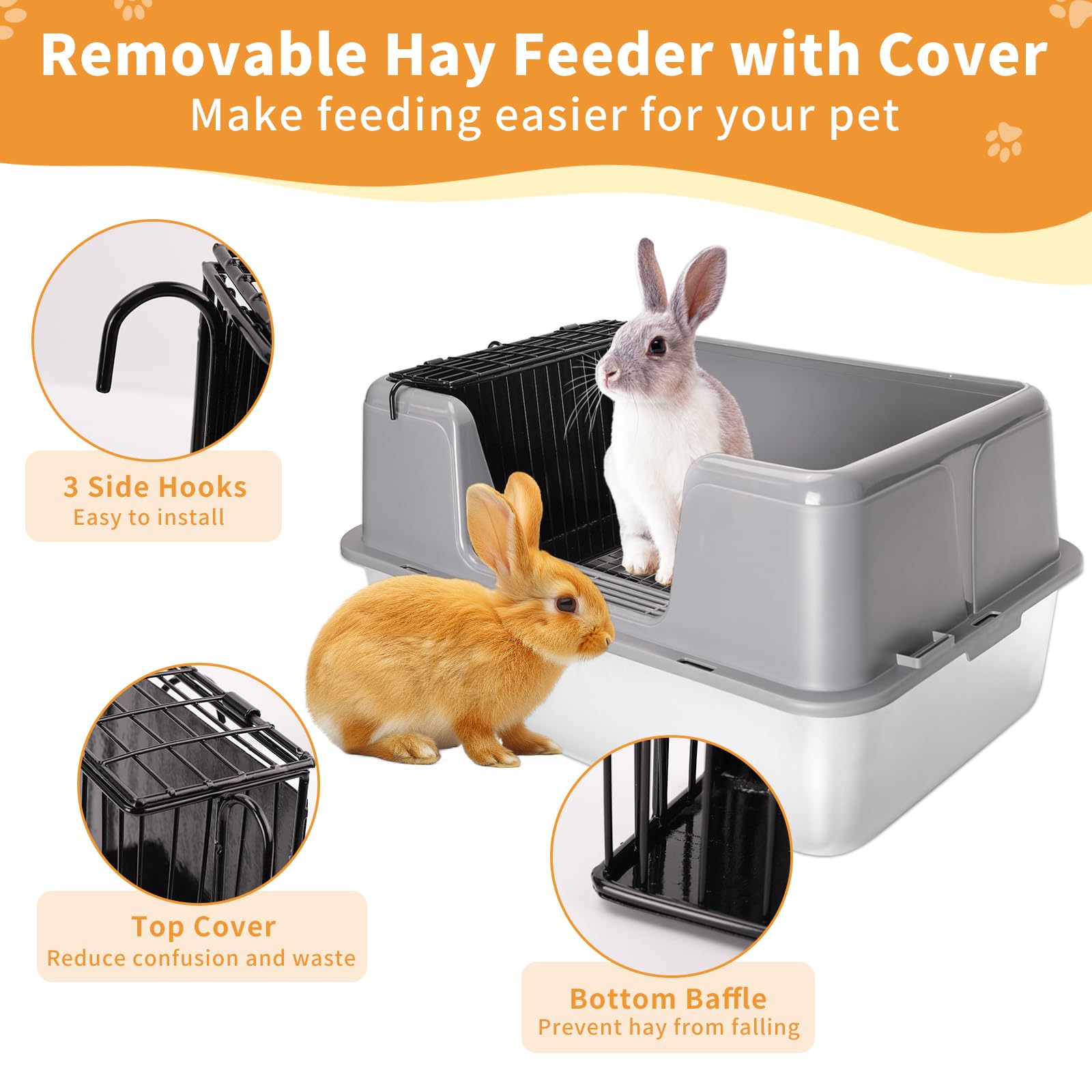 Zuqqony XL Rabbit Litter Box, 23.6" L x 15.7" W x 12.4" H Stainless Steel Rabbit Litter Box with Lid, Hay Feeder with Hooks, Footed Metal Grid, Easy to Clean for Medium and Large Rabbits - image 3