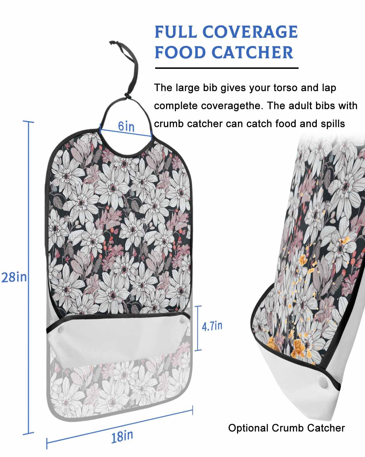 LEOKOTI Red White Spring Floral Adult Bibs for Eating, Waterproof Bibs with Food Catcher & Adjustable Snap Closure, Summer Botanical Classic Black Washable Clothing Protectors Adult Bibs for Elderly