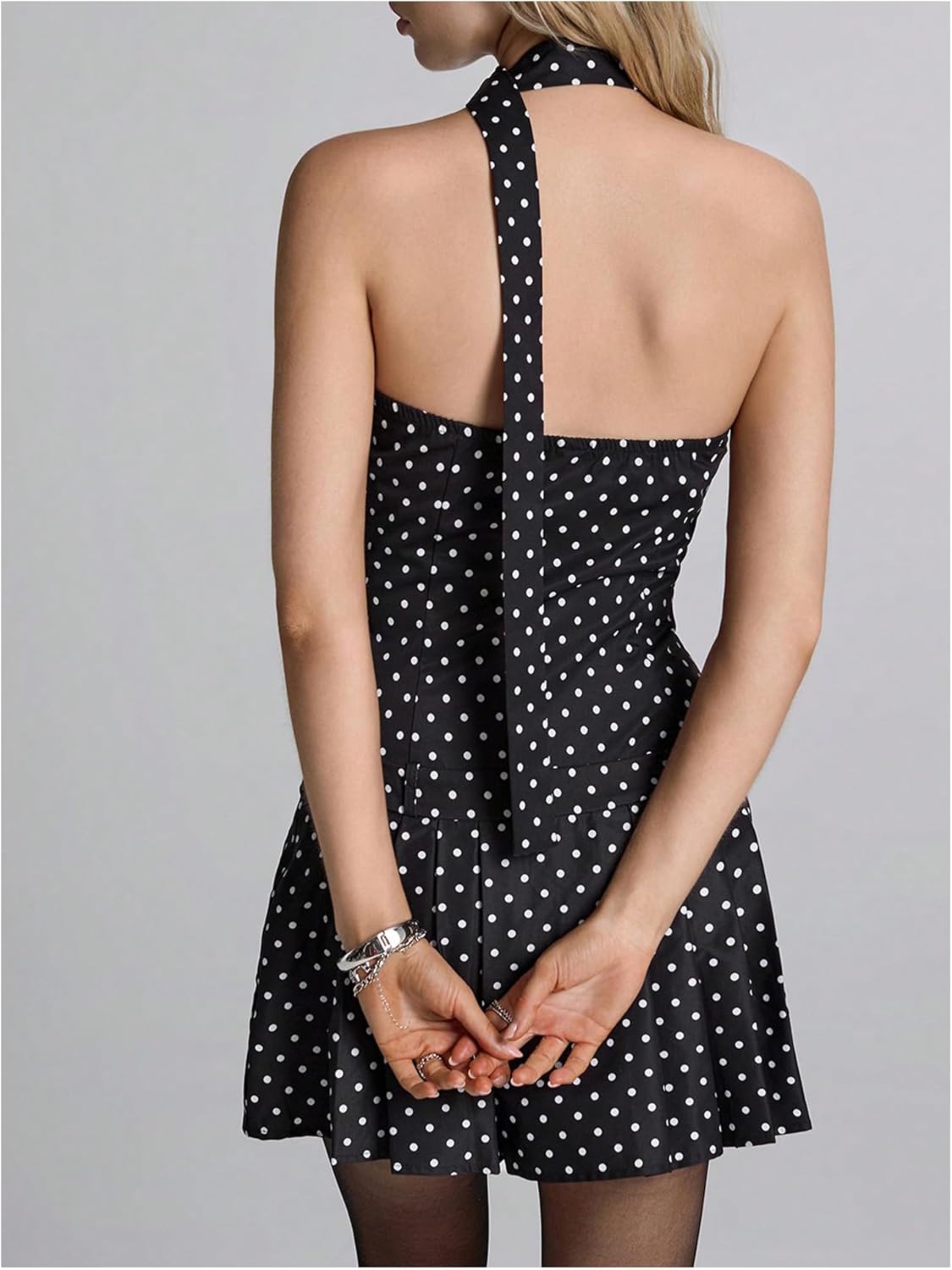 MakeMeChic Women's Polka Dots Bandeau Pleated A Line Strapless Summer Mini Dress - Image 3