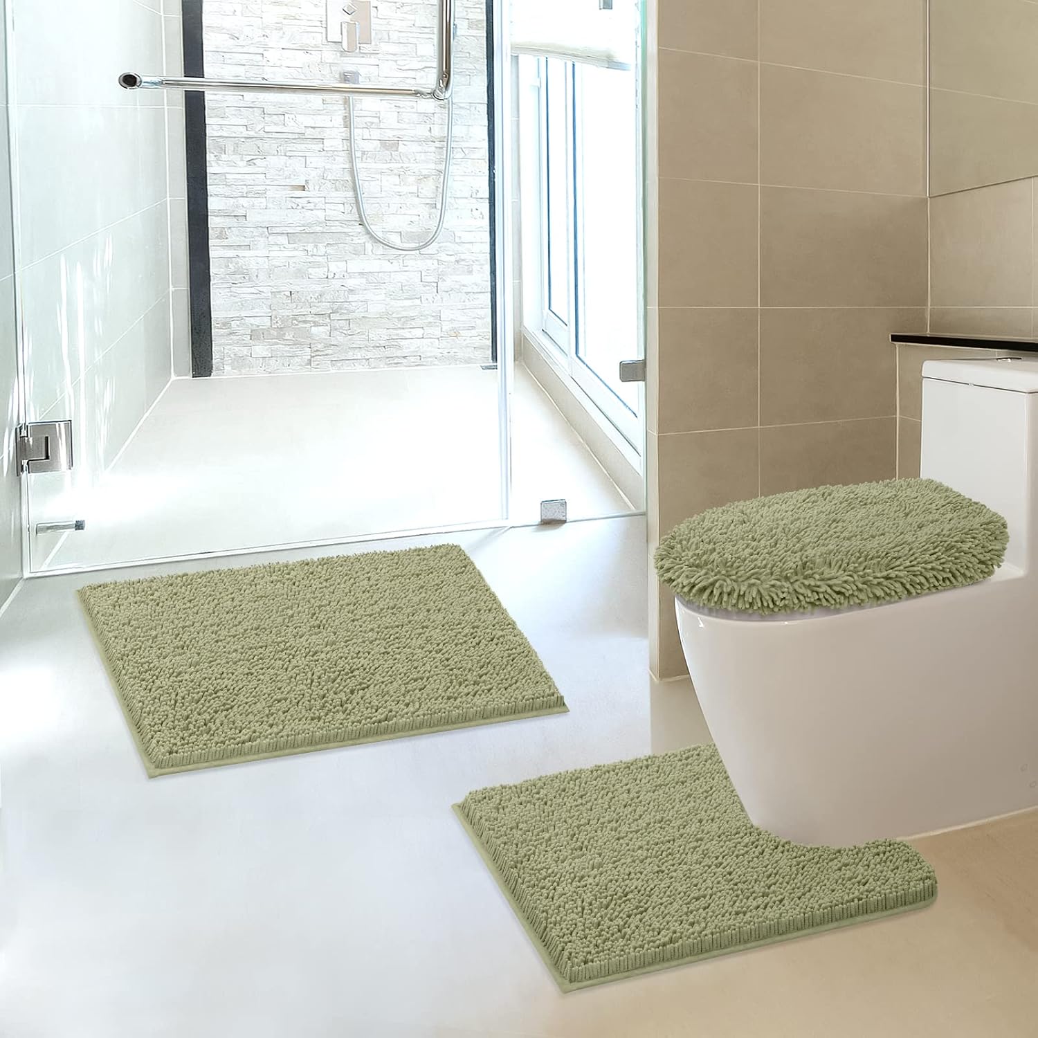 TREETONE Machine Washable Water Absorbent Bath Mat Bathroom Rugs Non Slip Soft Microfiber Mat (Set of 3-Medium 20" x 32"/Contour/Lid Cover, Sage Green)