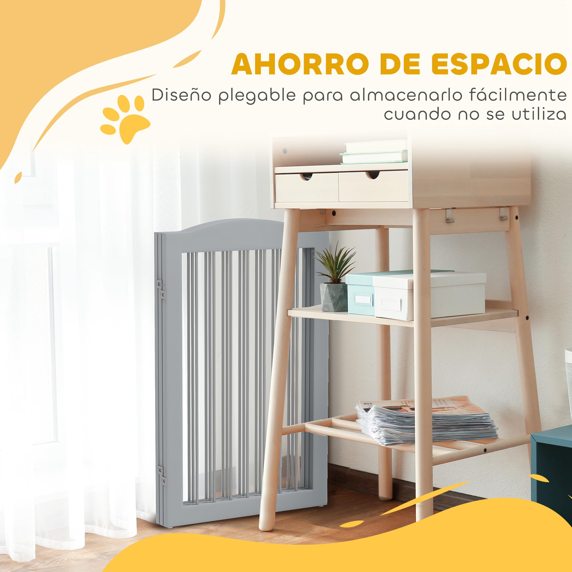 PawHut Barrera de Seguridad para Perros, Valla Plegable 154x30x80 cm Gris | para Escaleras y Puertas, Perros Pequeños y Medianos, 3 Paneles, con Soporte de Pie, para Interiores