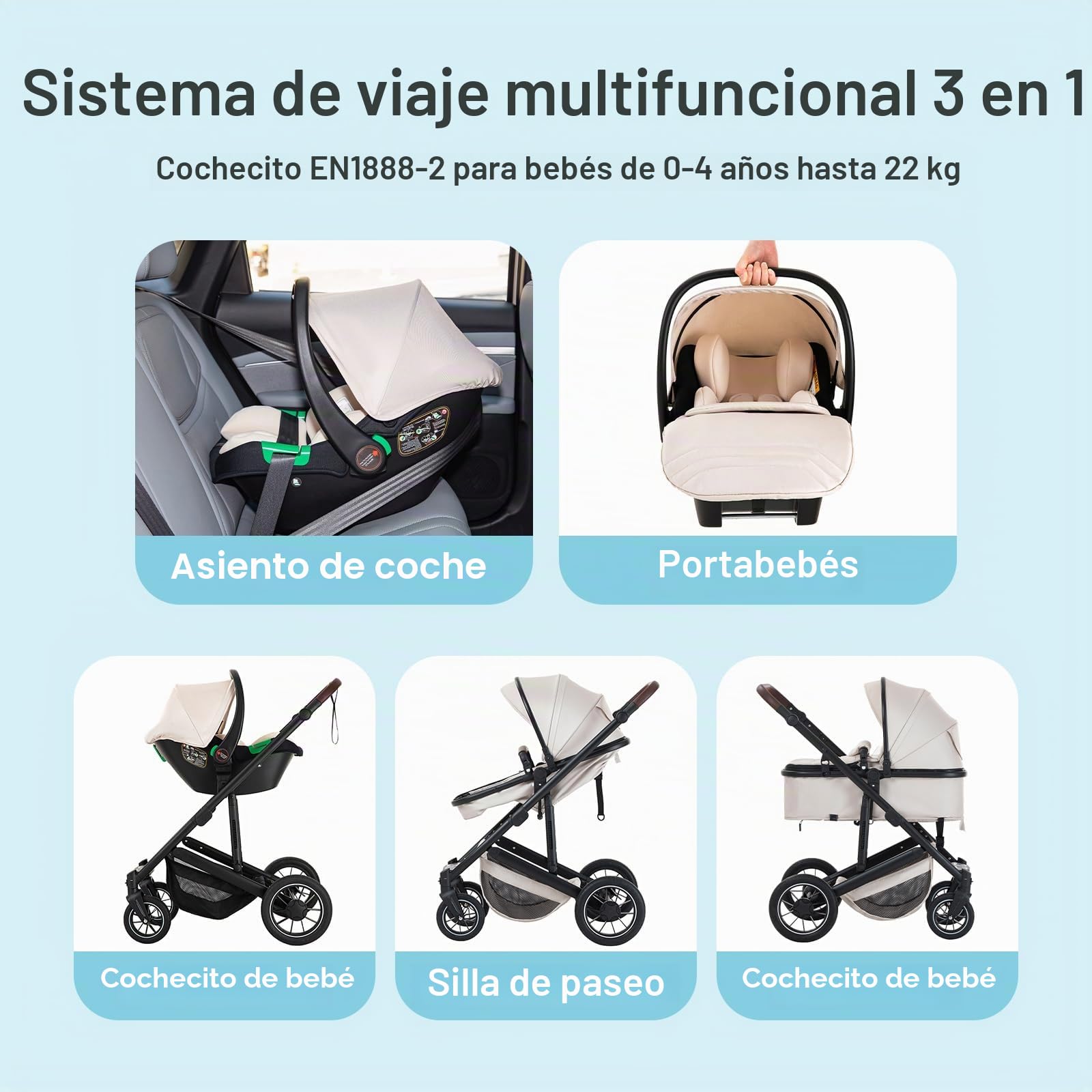 3 en 1 Carrito Bebé, Cochecito Bebe con ECE R129 Asiento de Coche, Cochecito con Mango Ajustable de Altura, Cochecito Carro de Visión alta con Marco de Aluminio (22KG, 0-4 Años)