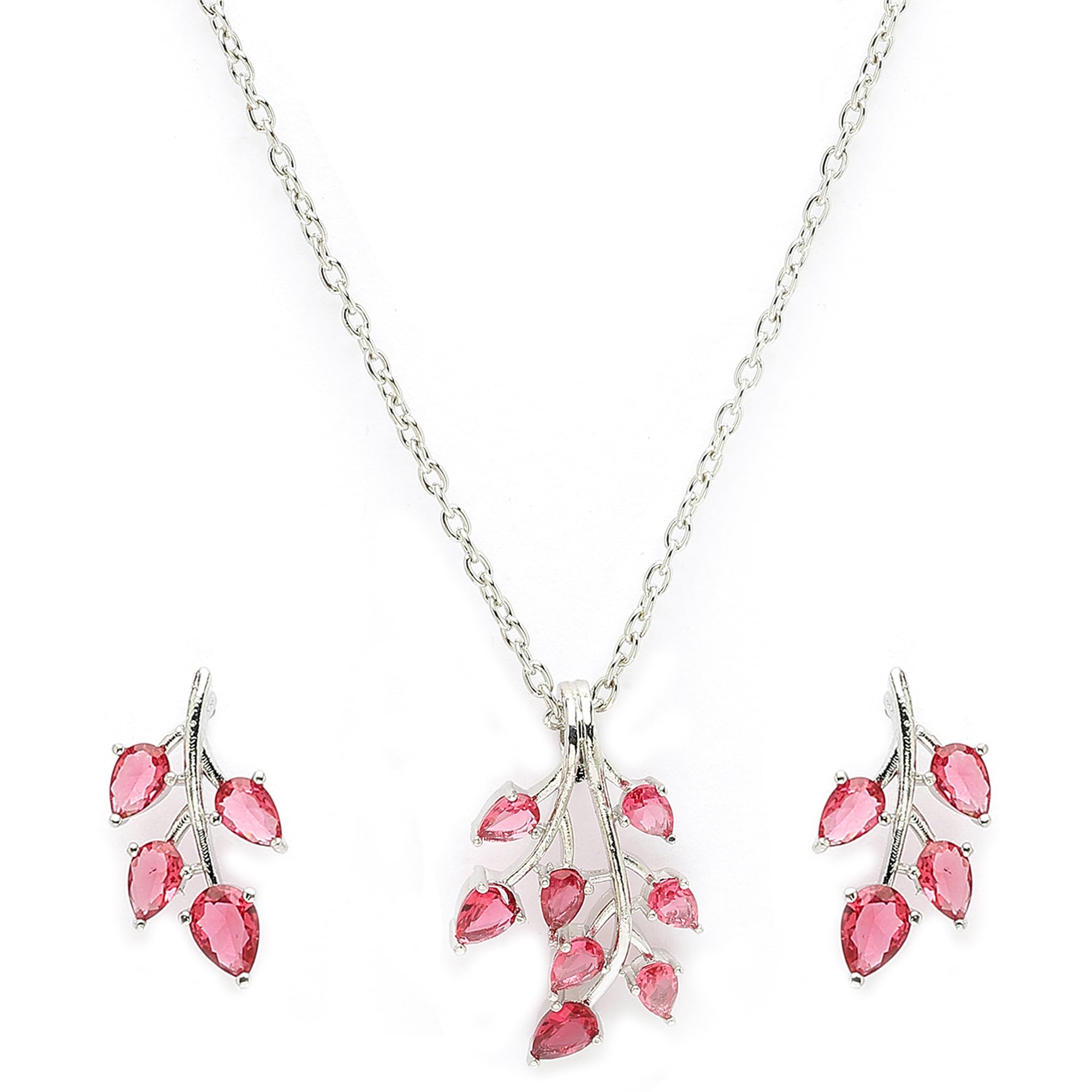 Rhodium Plated Silver Toned American Diamond Studded Shimmery Leaf Pendant & Earring Jewellery Set for Women & Gifts For Girls-image-21