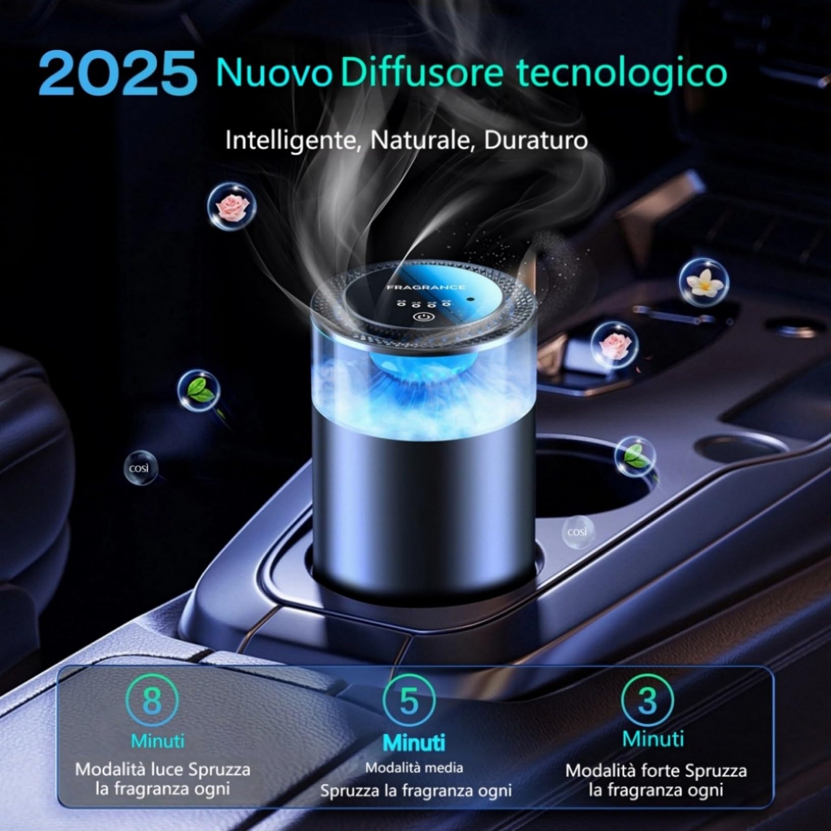 2025 Ispirato Alle Cascate Profumatore Auto Diffusore, con 2 Profumi Francesi (Colonia & Marino), Acc./Spegn. Automatico, Nebulizzatore a Ultrasuoni, 4 Modalità, YWK-1