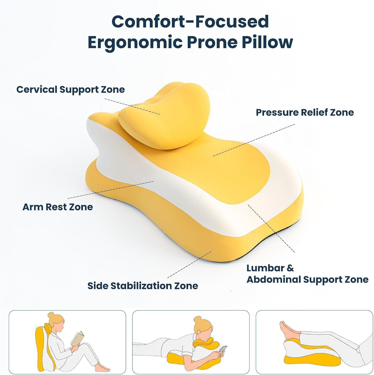 SLEEP ZONE Memory Foam Reading Pillow, Multi-Position Support Bed Pillow for Petite Adults, Reading Tools, Pillows Prone Back and Knee Support Leg Elevation with Washable Cover, Yellow