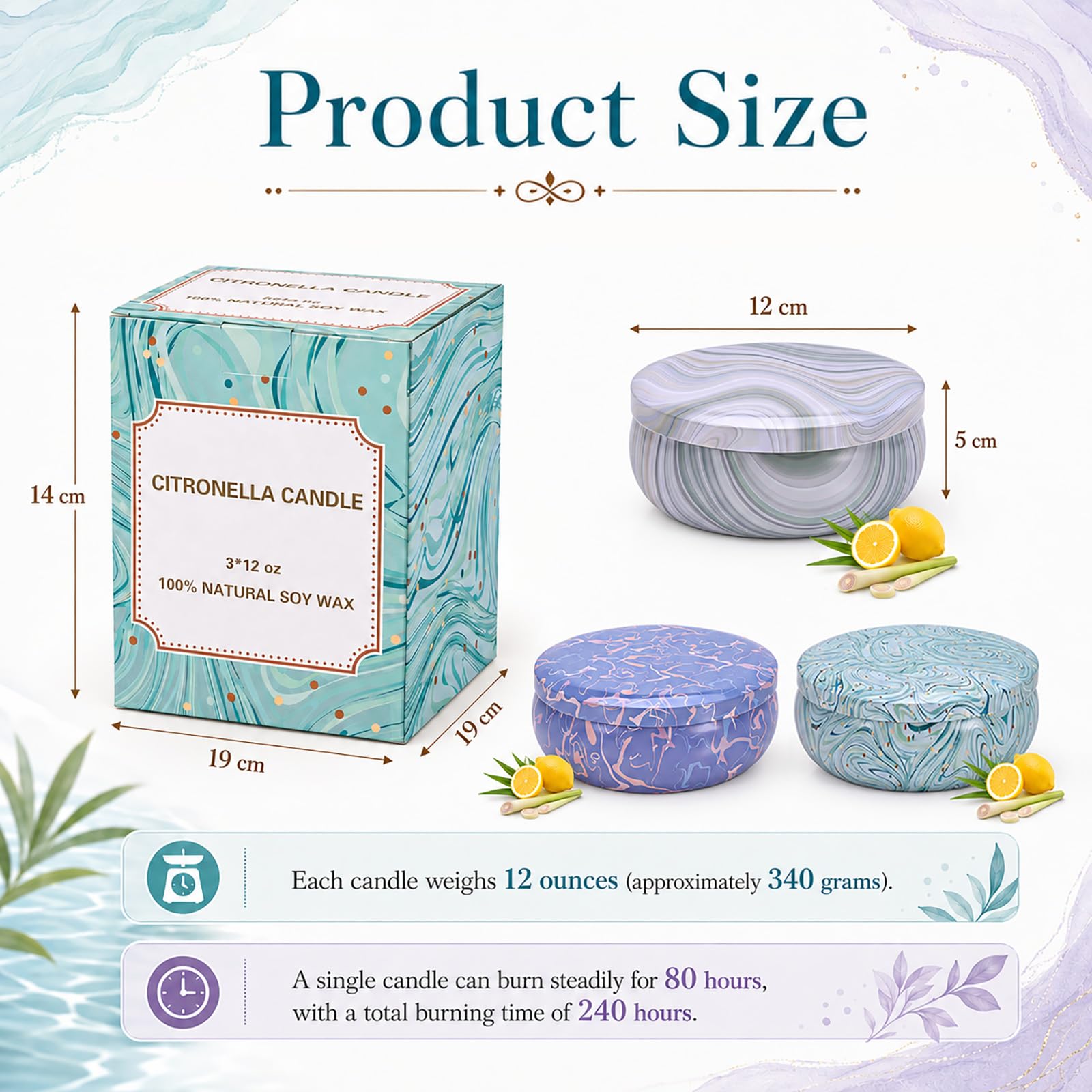3 Stück 340ml Citronella Kerzen Set Outdoor Zitronella Duftkerzen Citronella Candle Draußen Groß Citronella Kerzen mit 3 Docht aus Sojawachs insgesamt 240h für Garten Terrasse Picknicks Camping Patio
