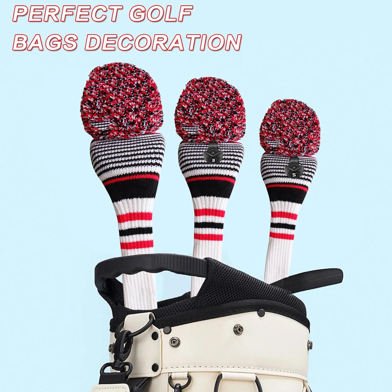 3 or 4 Pack Pom Golf Head Covers for Woods 1 3 5 Driver Fairway Hybrids Golf Wood Head Cover Set with Number Tag Knitted Golf Head Covers