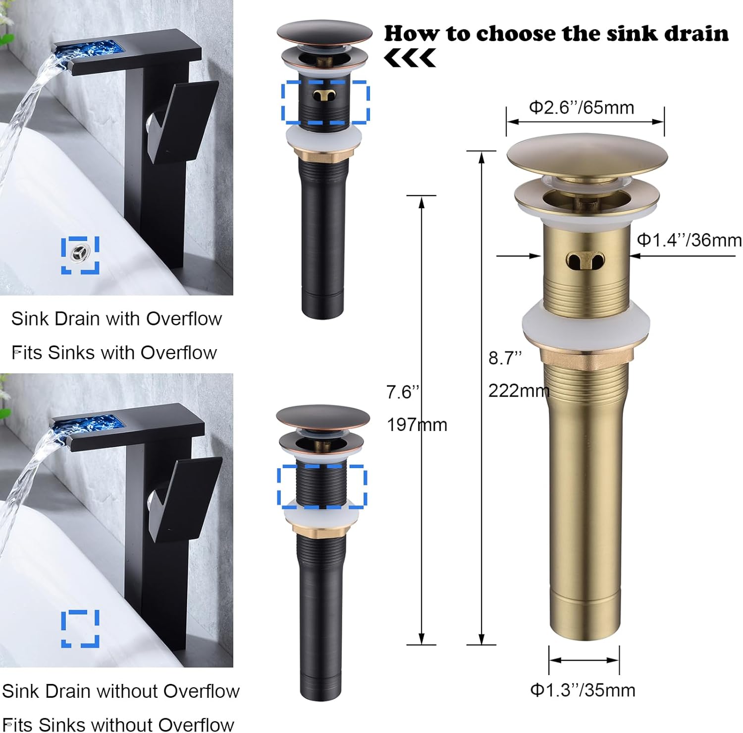 Champagne Gold Bathroom Sink Drain Kit with Overflow, Pop Up Drain Kit Gold Brass Vessel Sink Drain Assembly Strainer Stopper with Hair Catcher