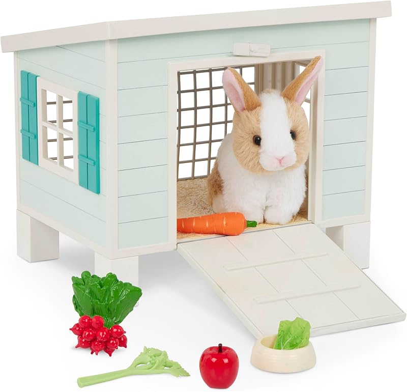 Bunny Hutch Playset con conejo de peluche para muñecas de 18 pulgadas | Conejera con conejito de peluche, plato de comida, lechuga, zanahoria, apio, manzana y rábanos para el cuidado de mascotas simuladas, mediana, 3+ años