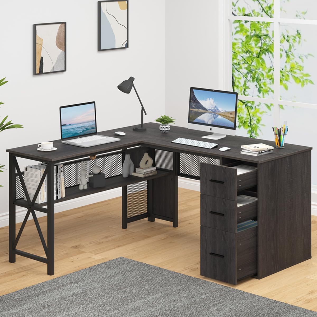LVB Industrial L Shaped Desk, Rustic Wood Computer Desk with Drawer Shelf, Large