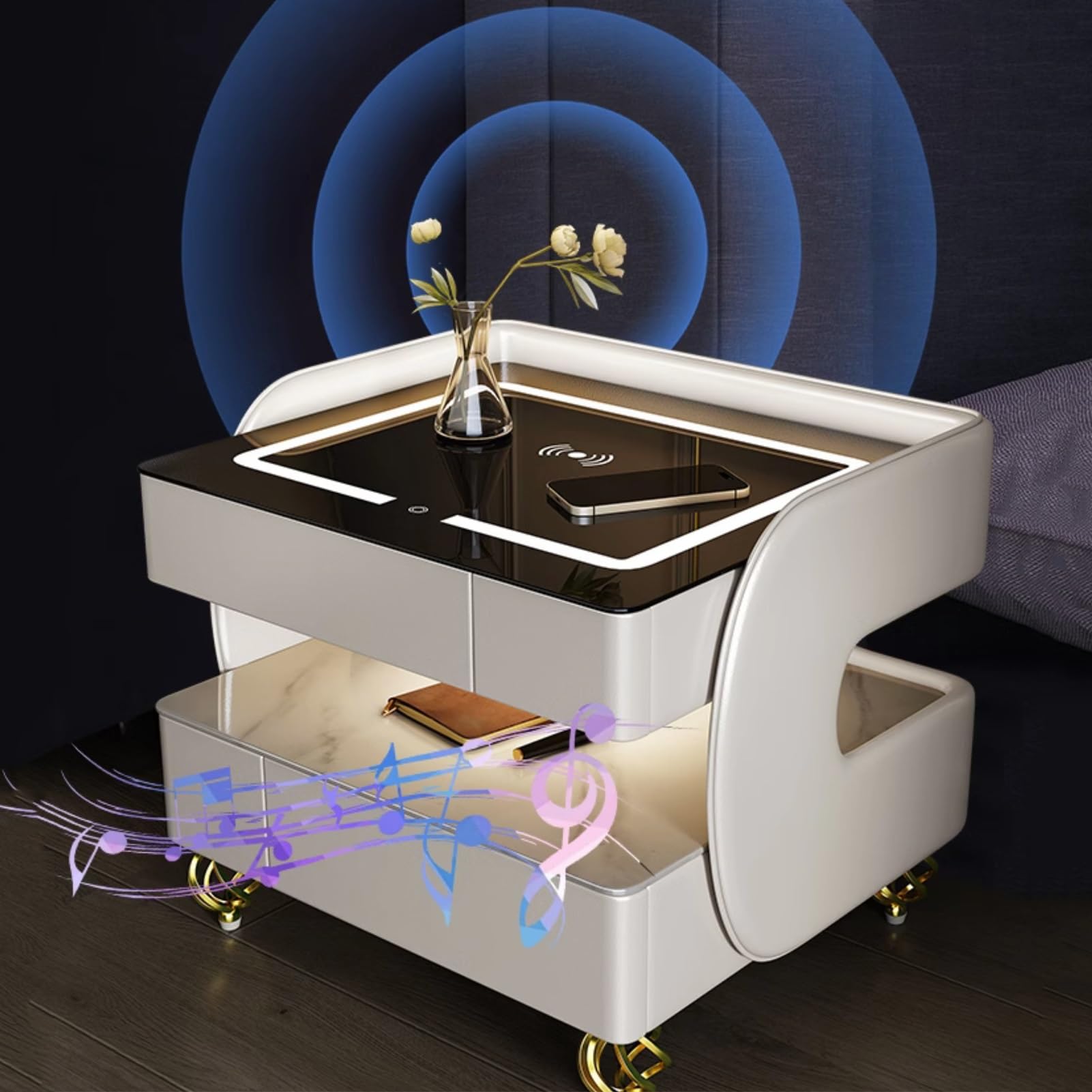 Table de chevet intelligente avec audio Bluetooth et chargeur induction gris