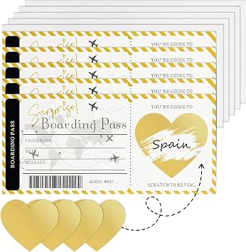 Scratch Card Reveal Boarding Pass – 5 Pack Personalised Holiday Surprise Cards with White Envelopes, Gold Scratch Stickers & Gold Trim Design, Scratch to Reveal Travel Gift for Birthday, Annive