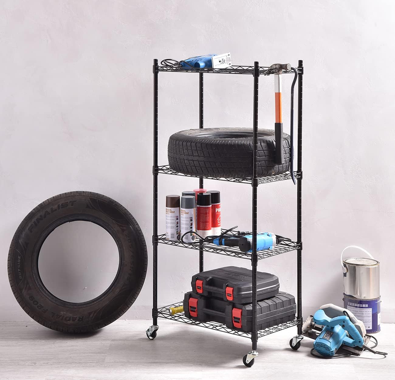 Yin 4-Shelf Metal Shelf Organizer on 4”Wheel Casters -Wire Shelving Certified NSF -Heavy Duty Garage Shelving Wire Rack ,Black (24”L x 14”W x 47”H) : Tools & Home Improvement