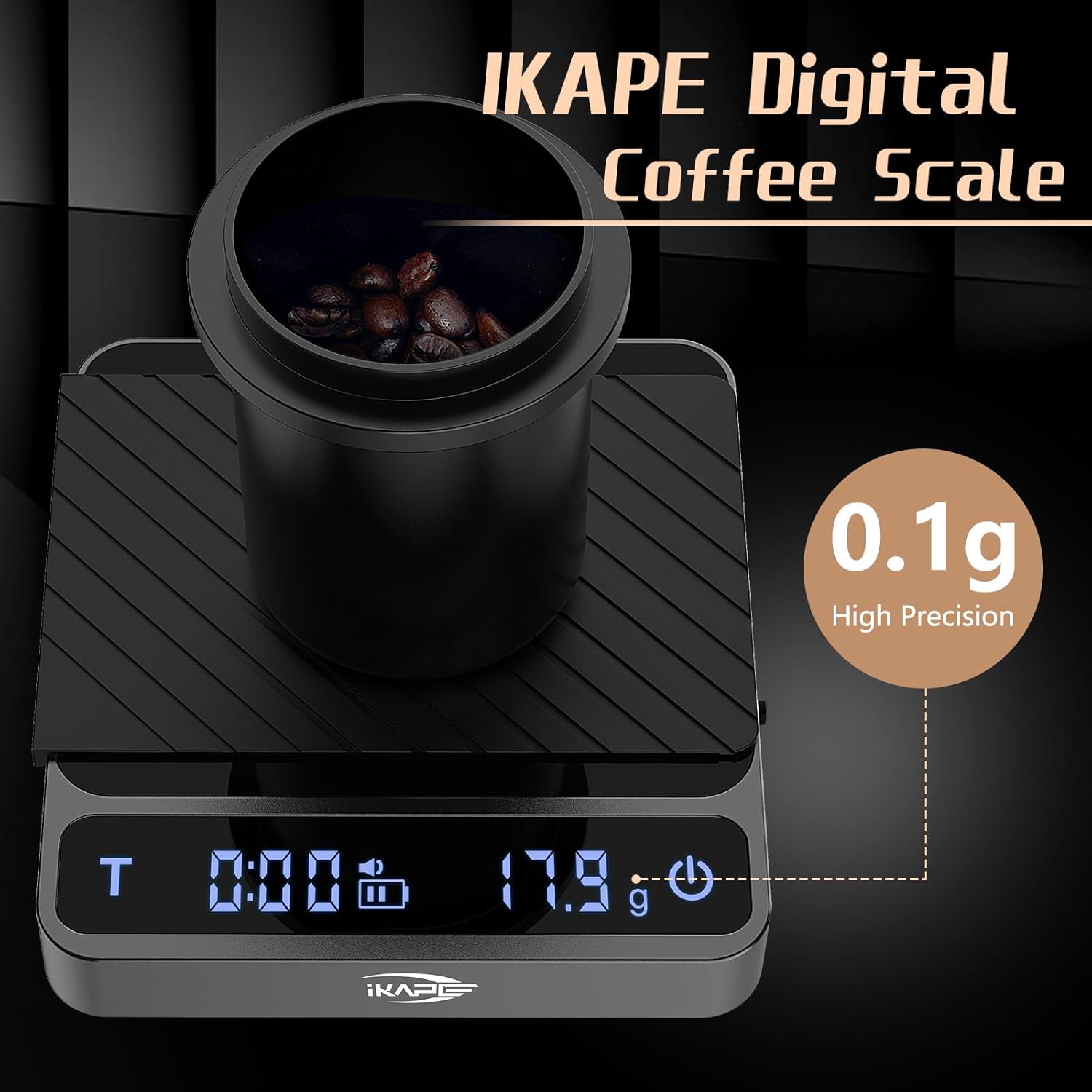 IKAPE Digital Coffee Scale, Premium Aluminium Espresso Scales with Timer, 2kg/0.1g High Precision Rechargeable Drip Espresso Scale with Tare Function, LED Display(Black)
