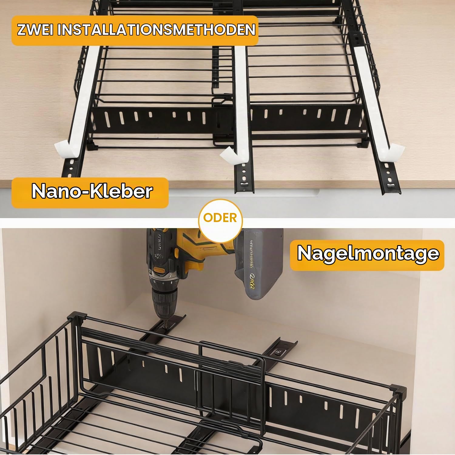 Teleskopschublade, Ausziehbare Schublade Küche, Ausziehbarer Schrank Organizer, Ohne Bohren, Einstellbare Breite 32-50cm, Küchenschrank Organizer Ausziehbar, Auszug Küchenschrank (2)