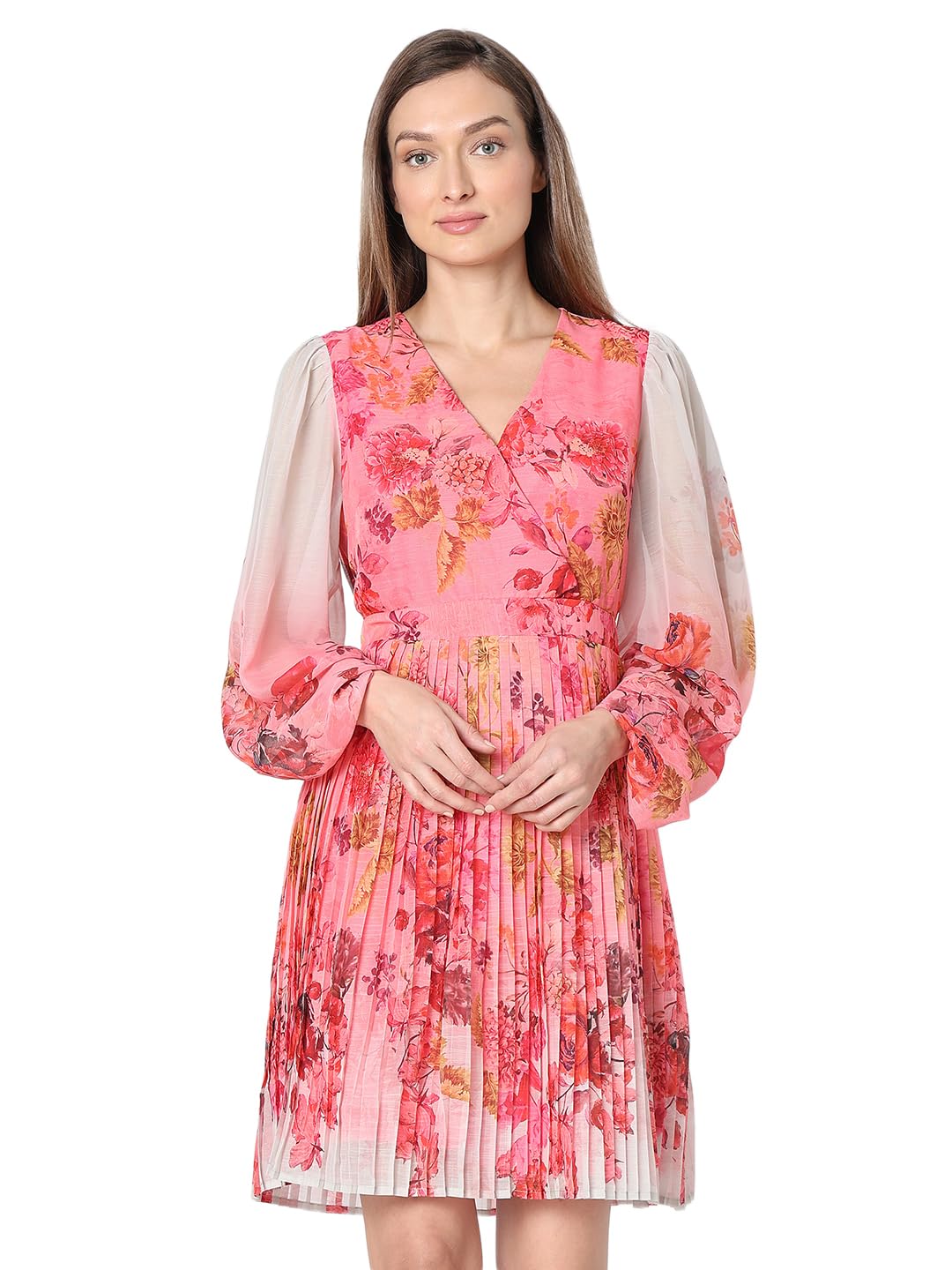 VERO MODA Women Knee-Length Floral Print Accordion Pleats Bishop Sleeves Fit & Flare Dress