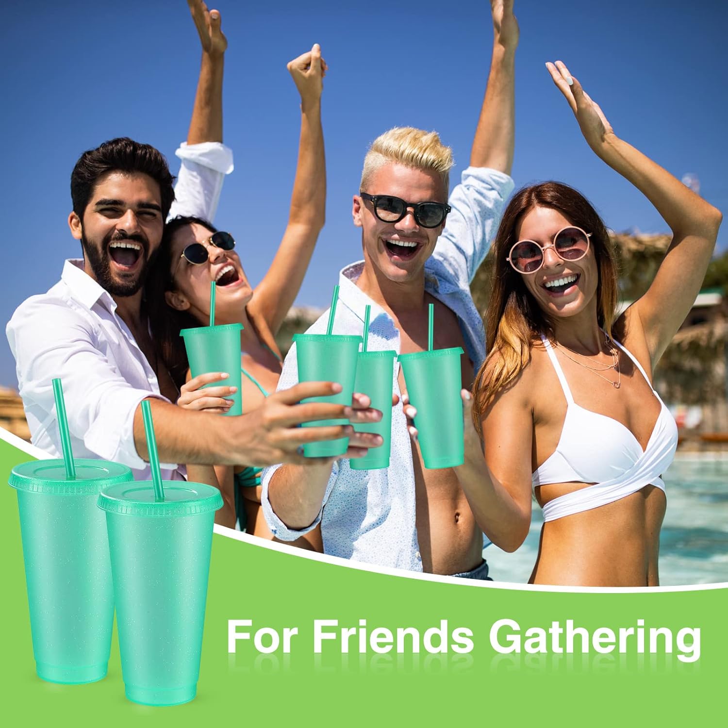 Amyhill 12 Pcs Reusable Glitter Cups with Lids and Straws 24 oz Plastic Tumbler Iced Coffee Cup Travel Mug for Smoothie Juice Birthday Sleepover Party Supplies for Valentine Girl(Light Green) - Image 6