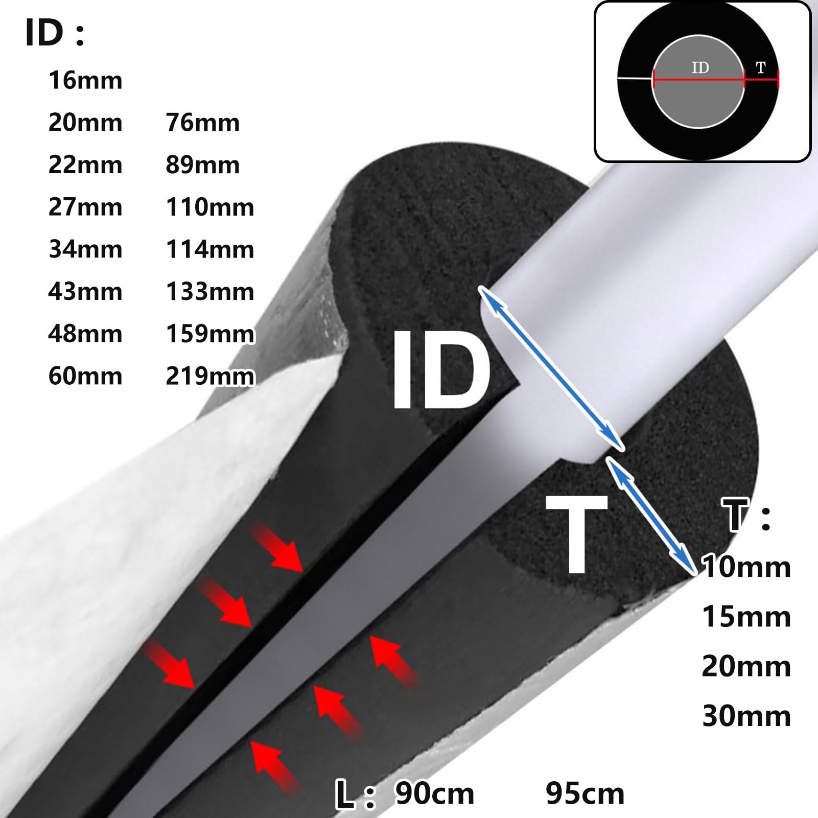 Coquilla Aislante De Papel De Aluminio Autoadhesivo, Espuma Tubo, Fundas de Aislamiento Térmico para Tuberías Exteriores Tubo Aire Acondicionado (ID) 219mm x (T) 30mm x (L) 0.95m