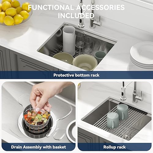 Miniatura 192 de Lordear Fregadero de cocina de montaje inferior de 23 pulgadas, estación de trabajo, fregadero de cocina de acero inoxidable calibre 16, cuenco