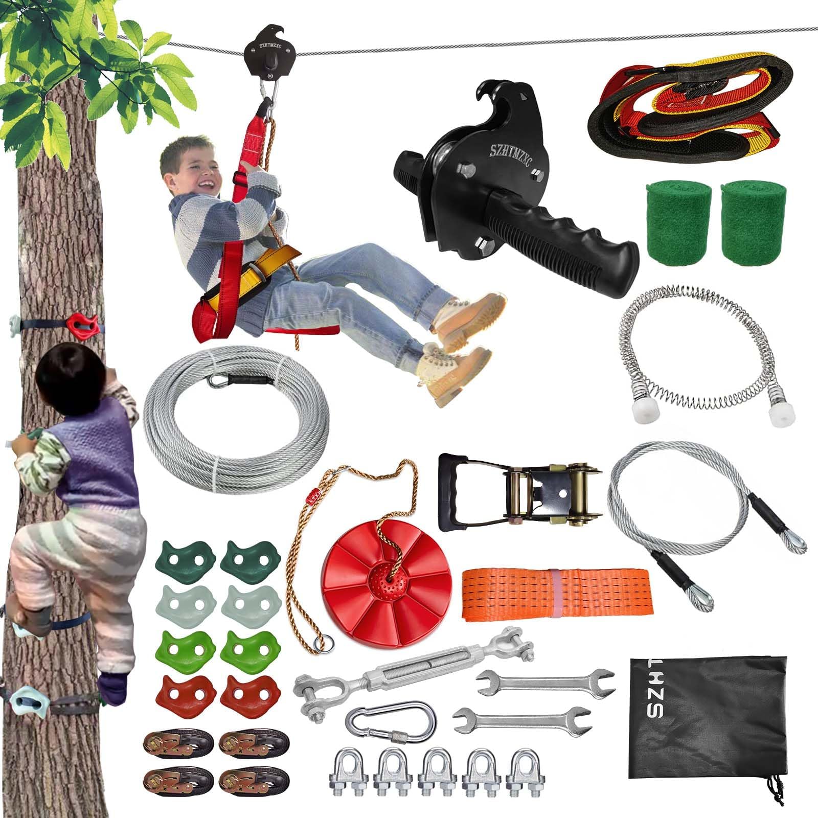 110/130/150/180ft Zipline Kit for Kids and Adults 350Lbs Backyard, Zip Line Stainless Steel Spring Brake, Adjustable Seat, Dual Tightening, Easy Installation Outdoor Adventure Equipment