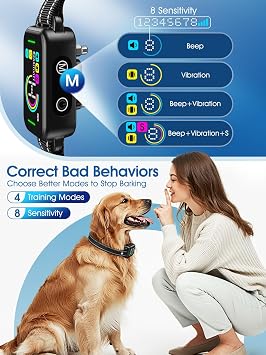 DINJOO Smart Bark Collar - Rechargeable Anti Barking Training Collar with 8 Adjustable Sensitivity, Beep & Shock (Dark Black) for Large, Medium & Small Dogs