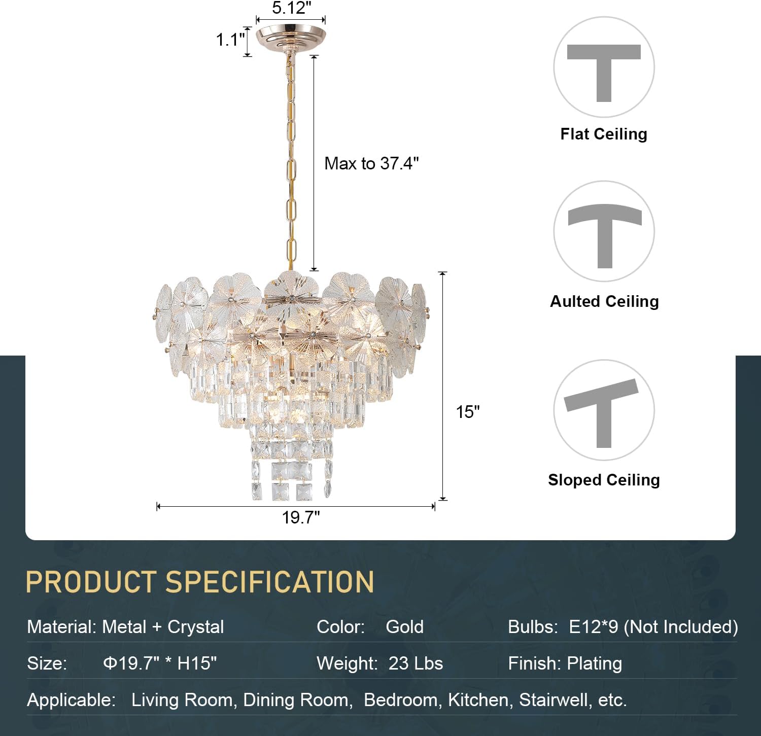 Modern Flower Crystal Chandelier 20" Gold Light Fixtures 9-Light Chandelier 5 Tiers K9 Crystal Round Lighting for Dining Room Bedroom Kitchen Island Living Room Foyer Entryway, E12