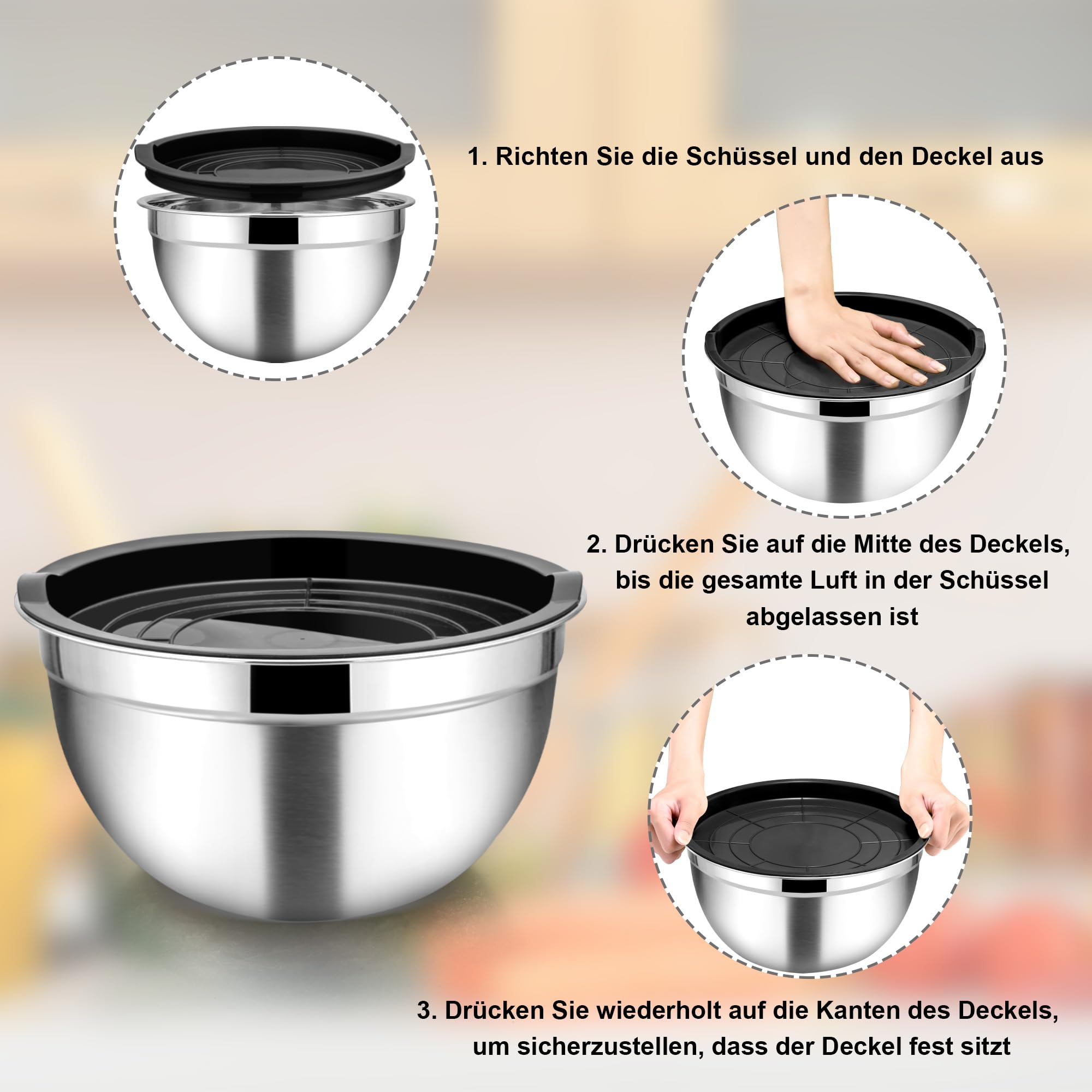 Homikit Lot de 5 Saladier avec Couvercles, Grand Bol Mélangeur en Acier Inoxydable avec Râpe, Empilable Saladiers INOX de 0.7L-4.6L, Bol Multifonction pour la Cuisson, Lavable au Lave-Vaisselle, Noir