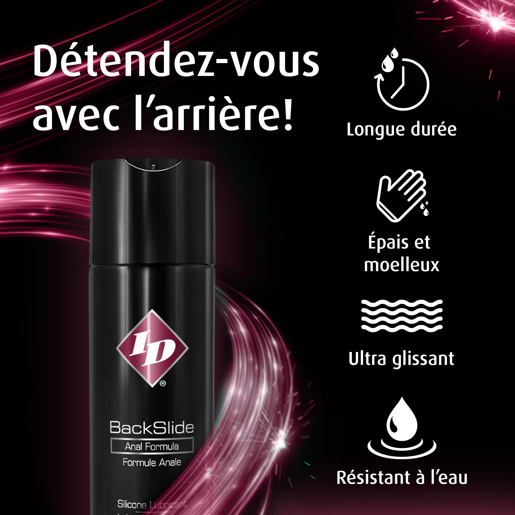 ID BackSlide Gel Lubrifiant Anal Silicone 250ml - Gel Lubrifiant Anal Premium pour une Intimité Sexuelle Privée, Gels Lubrifiant Anals Résistant à l'Eau pour Hommes