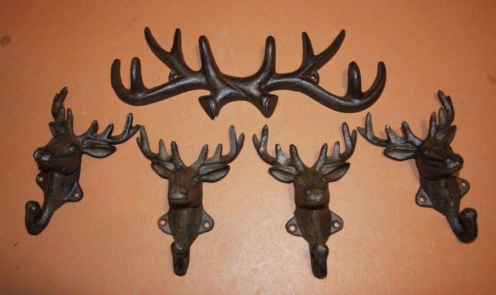 Southern Metal Wall Mounted Deer Head Antler Coat Hat Rack Wall Hooks, Solid Cast Iron Bundle of 5