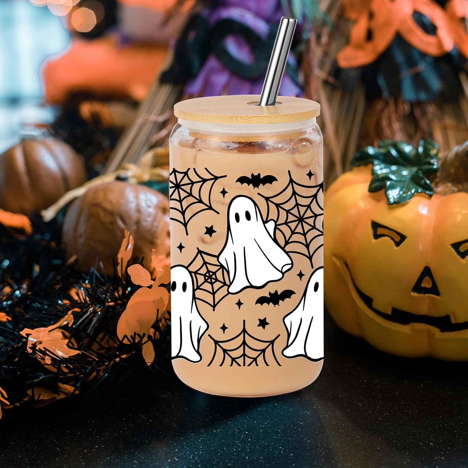 16oz Ghost Glass Tumbler, Spider Web & Bats Halloween Cup with Lid & Straw, Spooky Gifts for Halloween Lovers