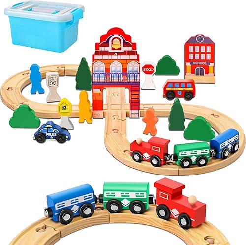 Junkin Juego de trenes de madera para niños pequeños, 36 piezas de trenes y trenes de madera, juego de trenes magnéticos de construcción para niños