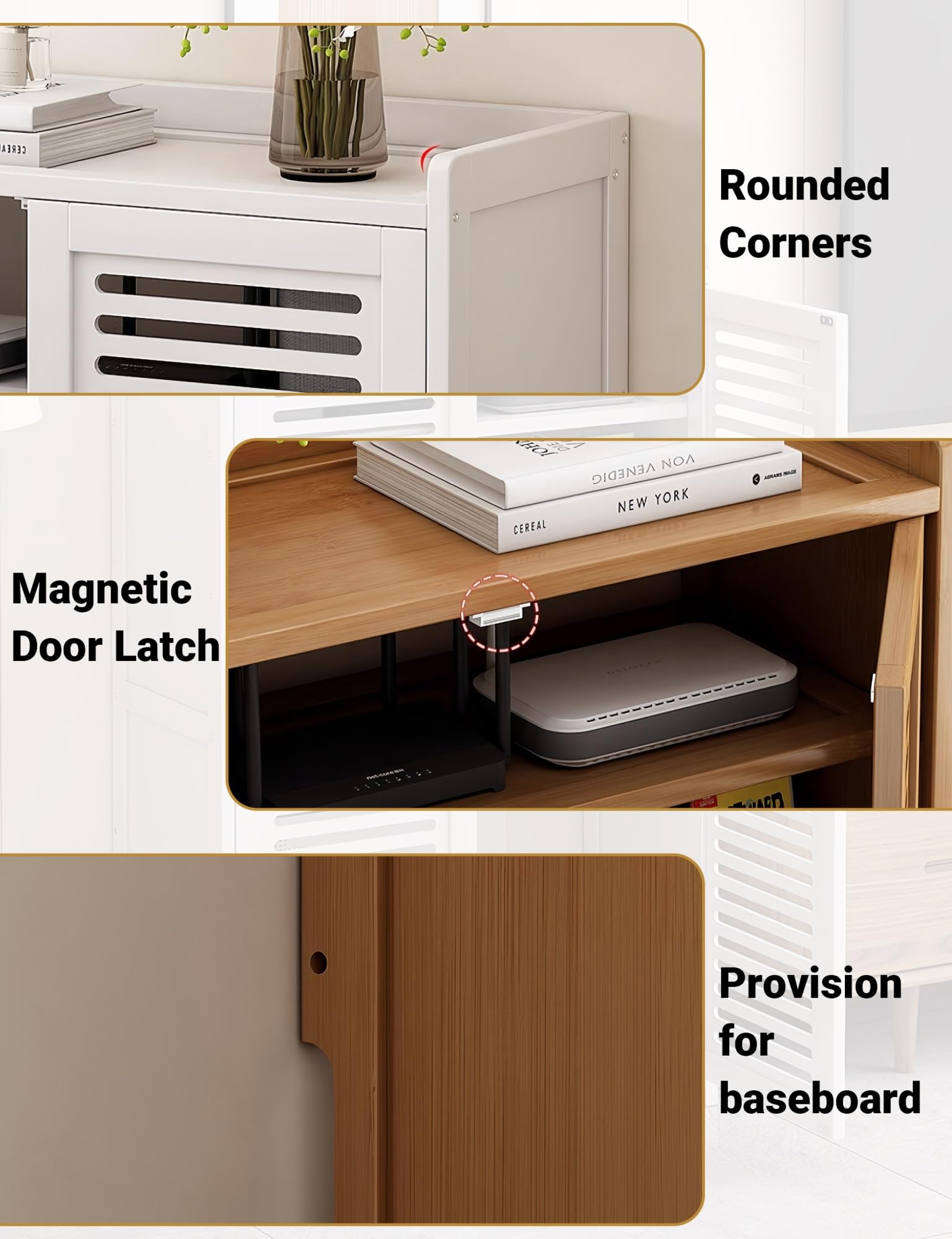 Dekorativer Router Schrank mit Lamellentüren - Stehender WLAN Aufbewahrungsschrank für Wohnzimmer & Flur - Versteckt Kabel & Modem, Gute Belüftung, Verstellbare Böden(Weiß,32.3in)
