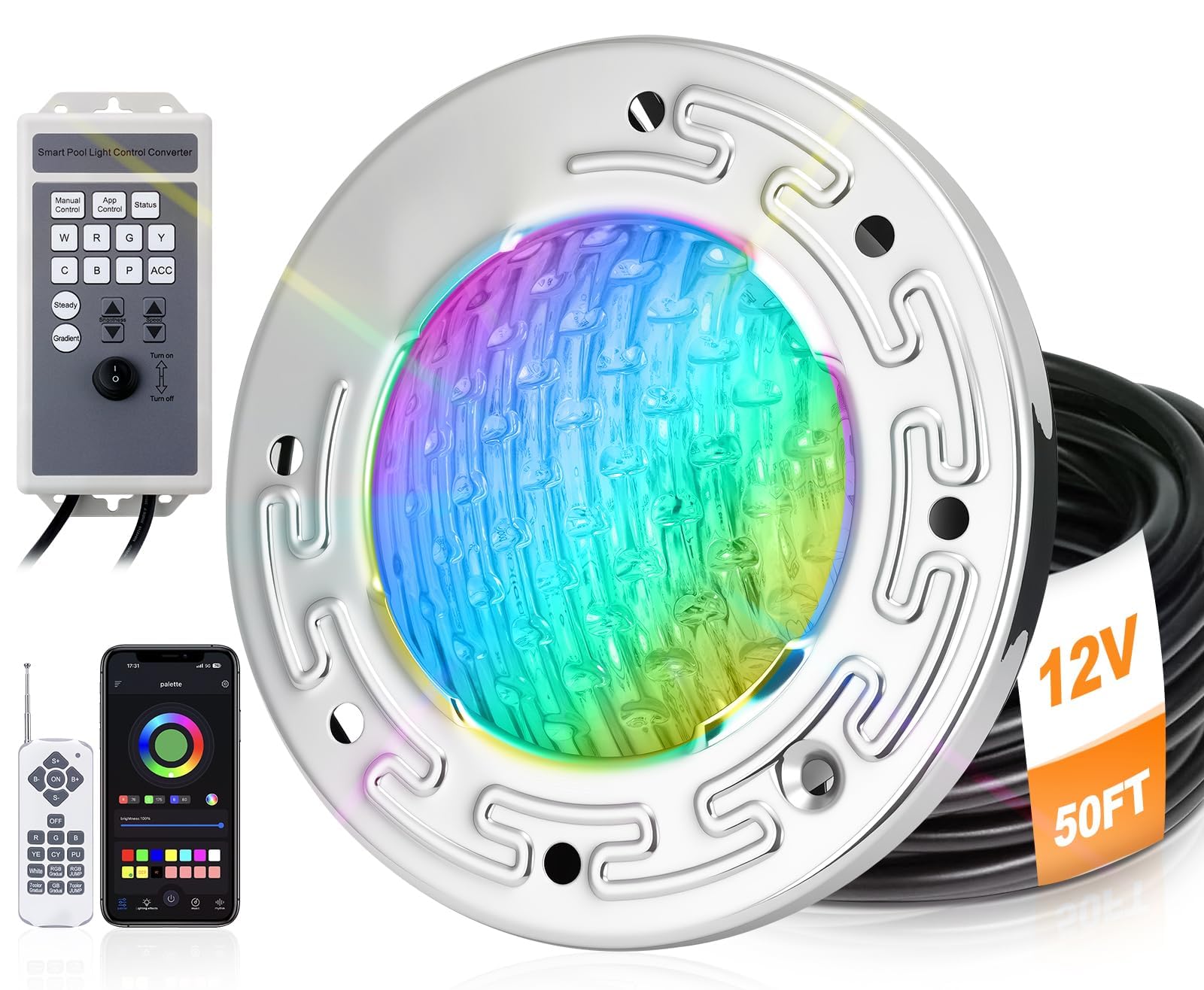 Photo 1 of 6 Inch LED Pool Light for Inground Pool, 15W Ultra Bright RGB Underwater Swimming Pool Light with Controller, Remote & APP Control, Color Change, Built-in 12V Transformer (120V Input), 50FT Cord