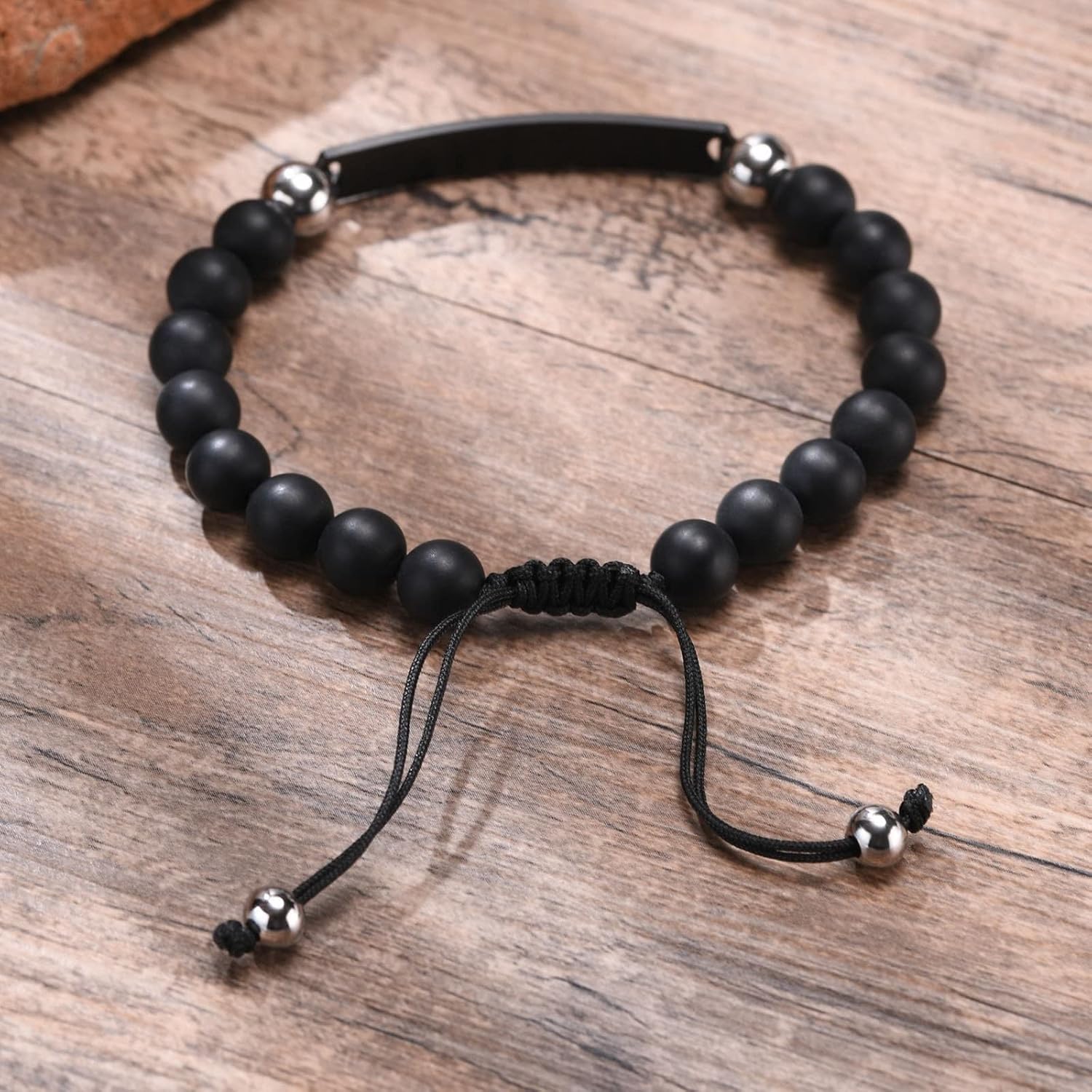 Daesar Stainless Steel Bracelet Men Agate Bead Dog Tag Engraved Bester Papa Men Bangle Bracelet ID Bracelet for Father Gift