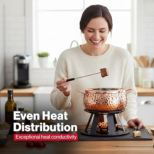 Miniatura 4 de Swissmar Biel - Juego de fondue chapado en cobre de 11 piezas, acabado martillado, ideal para cocinar aceite y caldo, perfecto para entretenimiento,