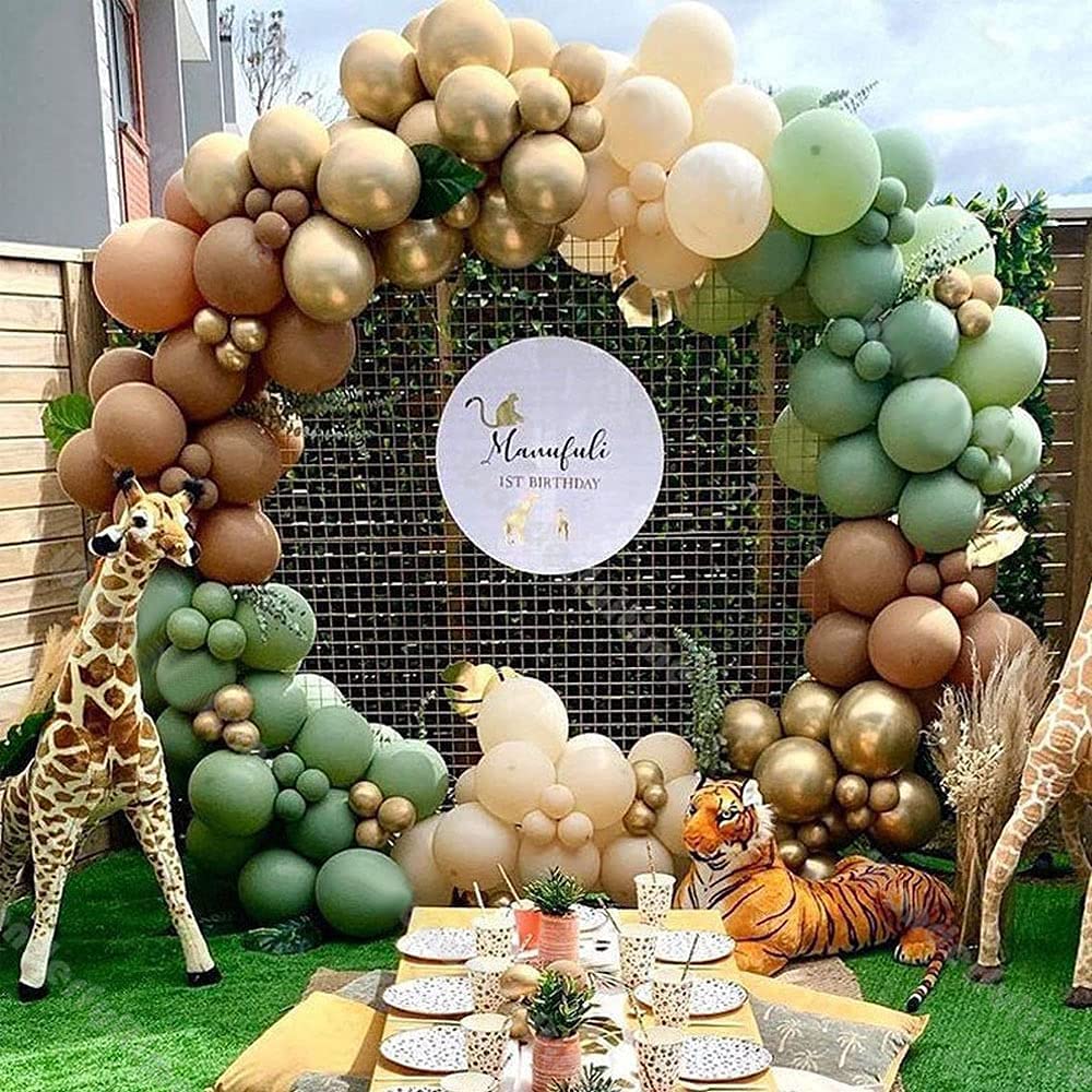 Nebee Safari Jungle Theme Balloon Arch Kit, Retro Green Balloons Coffee and Gold Balloons for Birthday Decorations, Wedding Decorations, Graduation Party