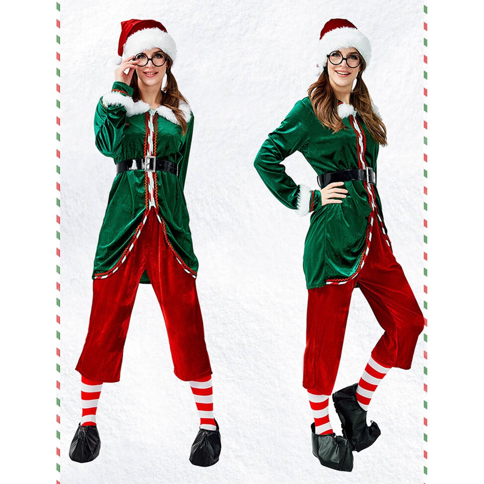 Générique Costume De Lutin Noël Pour Femme Et Homme Deguisement Noel Vêtements D'Elfe Fête Costumes Vert Robe Soirée Velours Fourrure Ensemble Chapeau Chemise Pantalon