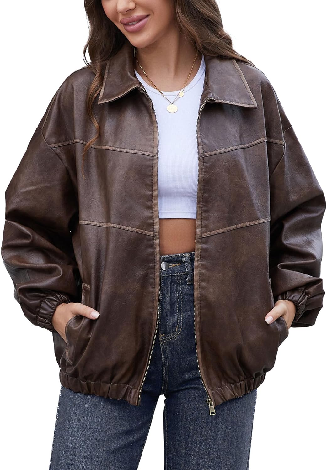 Womens Oversized Y2K Faux Leather Jackets Vintage Plus Size Fashion Motorcycle Coats Fall Fashion Outfits 2025
