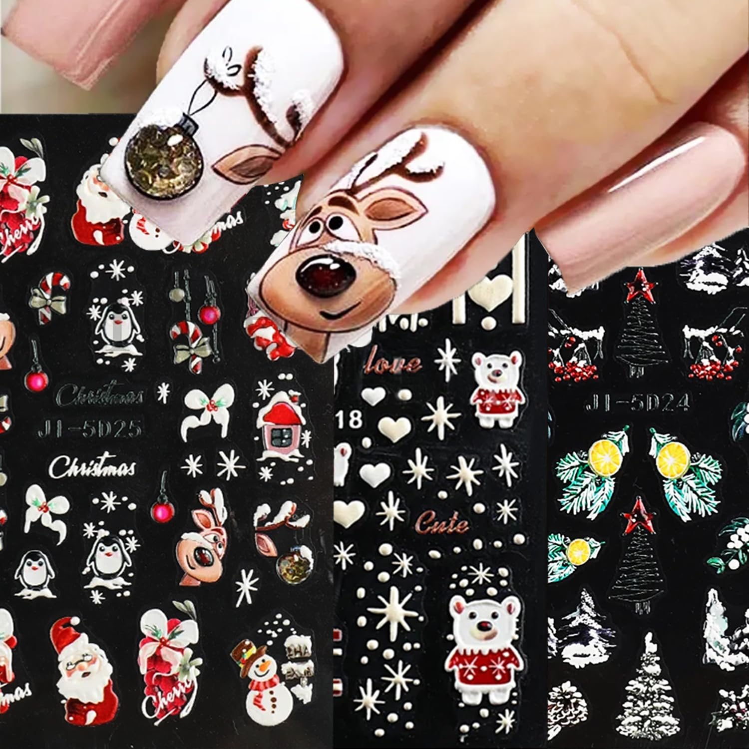 Christmas Nail Art Stickers 5D Embossed Nail Decals Red
