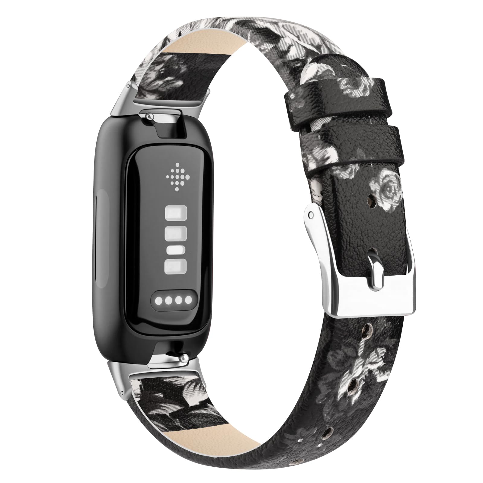 Wanme Leather Straps Compatible with Fitbit Inspire 3 Strap for Women Men, Soft Adjustable Leather Sport Bands Replacement Wristband for Fitbit Inspire 3/2/HR (Black Gray Flower) — image 1