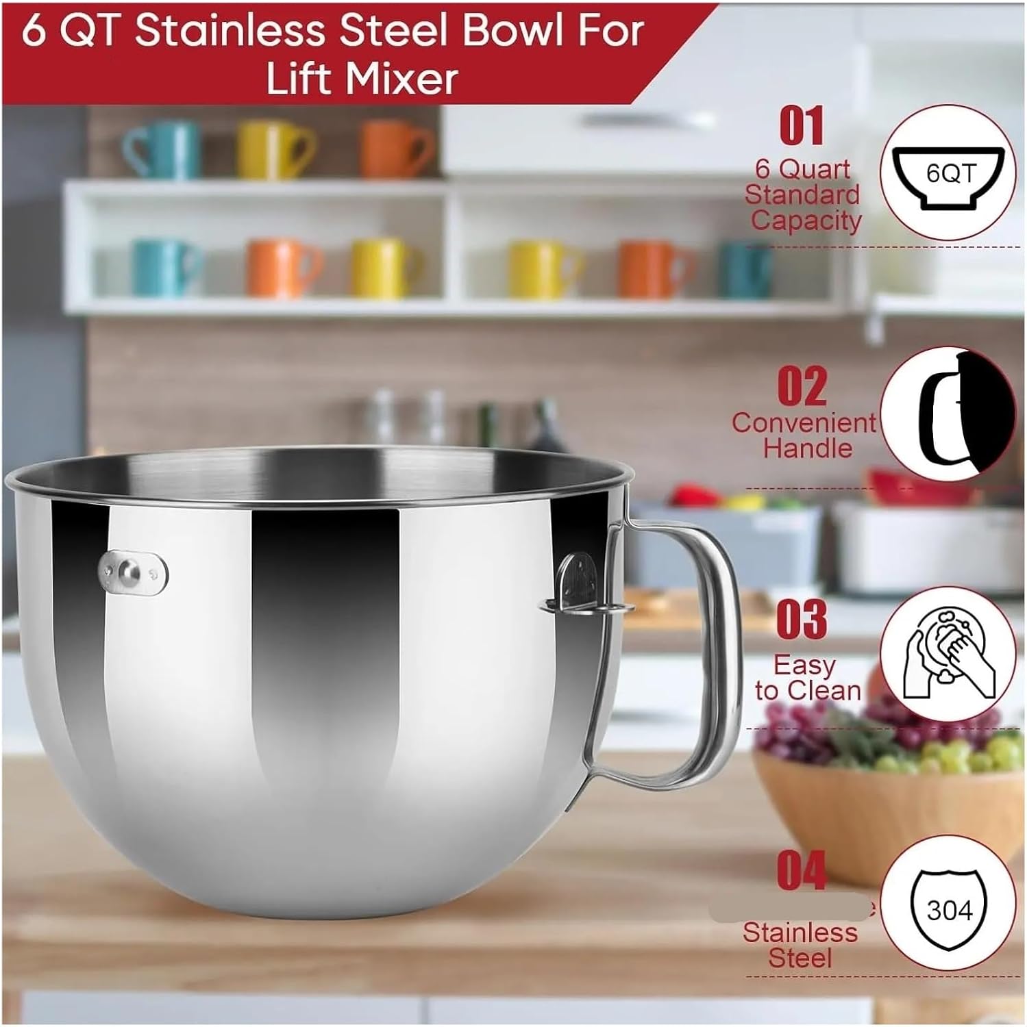 Compatible for Kitchenaid 6qt Stainless Steel Bowl Mixing for 6 Quart Bowl-Lift Stand Mixer