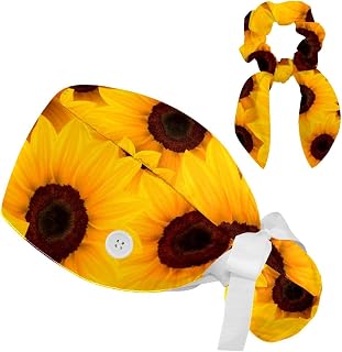 2 Pieces Surgical Cap for Long Hair Scrub Cap with Hairband Nurse Cap, Sunflowers Flower Pattern