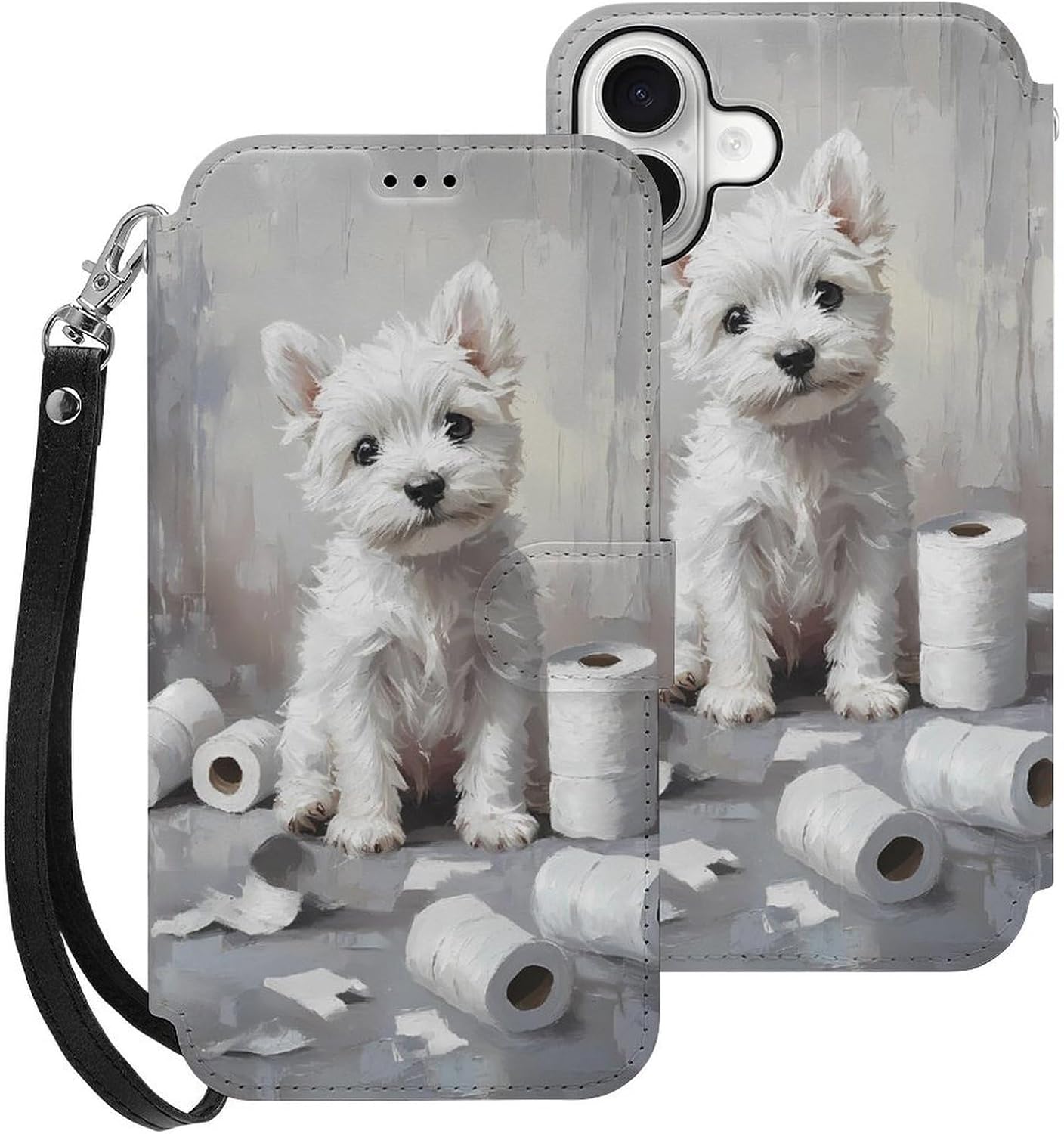 White Terrier Puppy Sitting on The Bathroom Compatible with iPhone 16/16 Plus/16 Pro/16 Pro Max/16 E Case Phone Wallet Card Holder Flip Cover with Wrist Strap