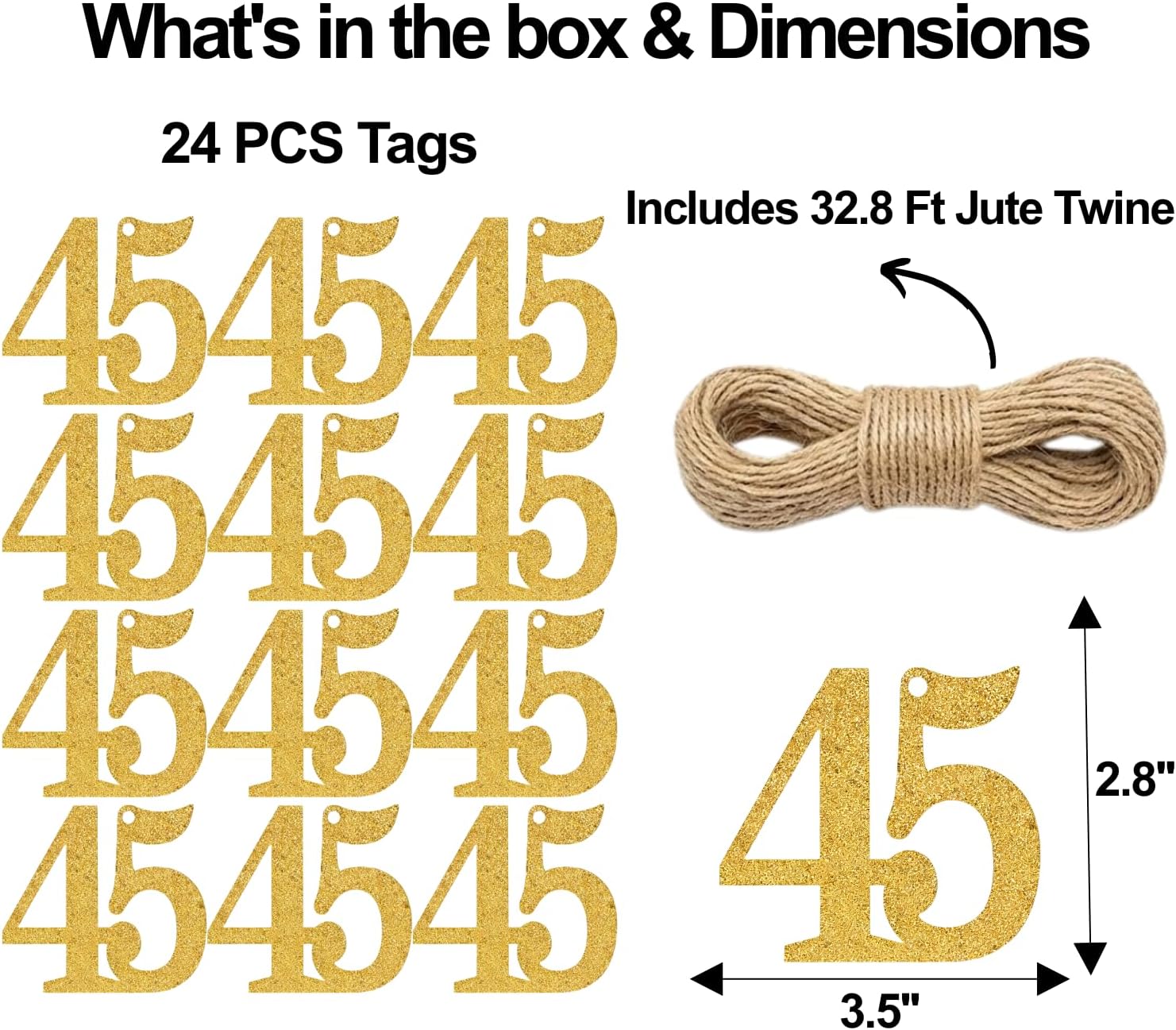 ALISSAR 24PCS Gold 45 Number Tags with 32.8 Ft Jute Twine – 45th Birthday Decorations, 45th Anniversary Party Supplies, Mason Jar Centerpieces, Gift Wrapping & Table Decor Kit - Image 5