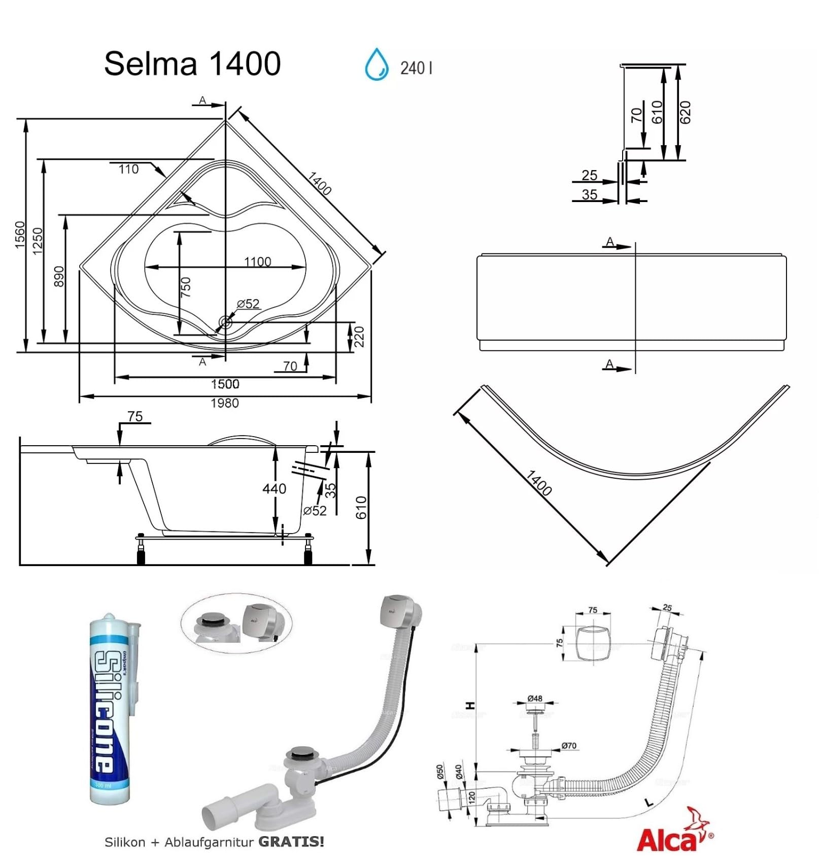 ECOLAM Eckbadewanne Selma 140x140 Schürze mit Isolierung Thermobadewanne