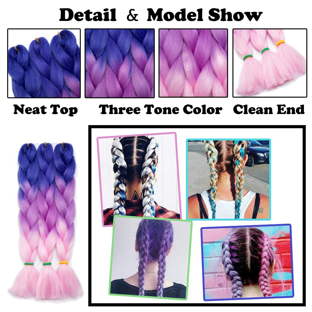 24" Ombre Jumbo Braiding Hair Extensions Jumbo Braid Hair Ombre Long Jumbo Braids For Box Twist Braid Crochet Hair High Temperature 4 Tone Colored (5 Bundles, Purple to Blue to Yellow to Orange)