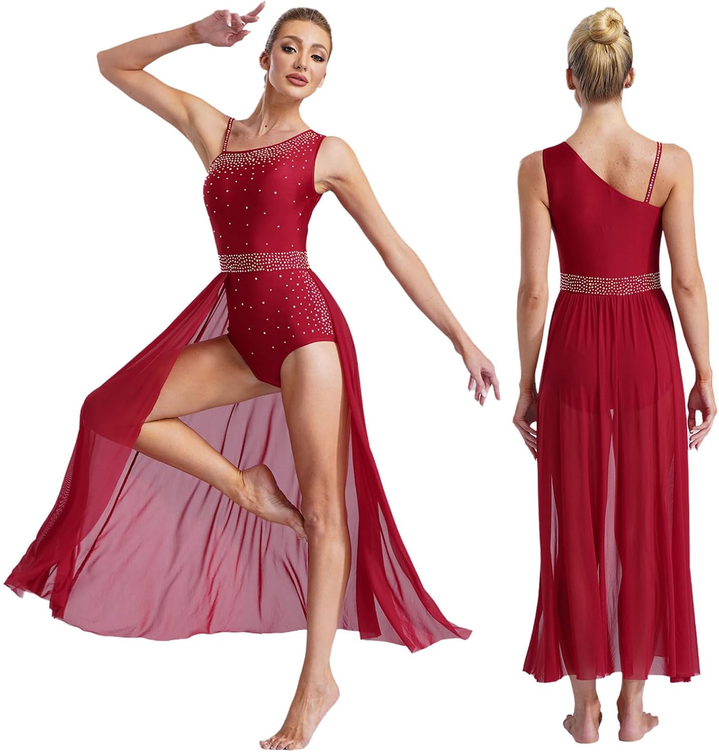 FEESHOW Women's Glittery Rhinestone Lyrical Dance Costume Sleeveless Split Maxi Dress Modern Dance Dress